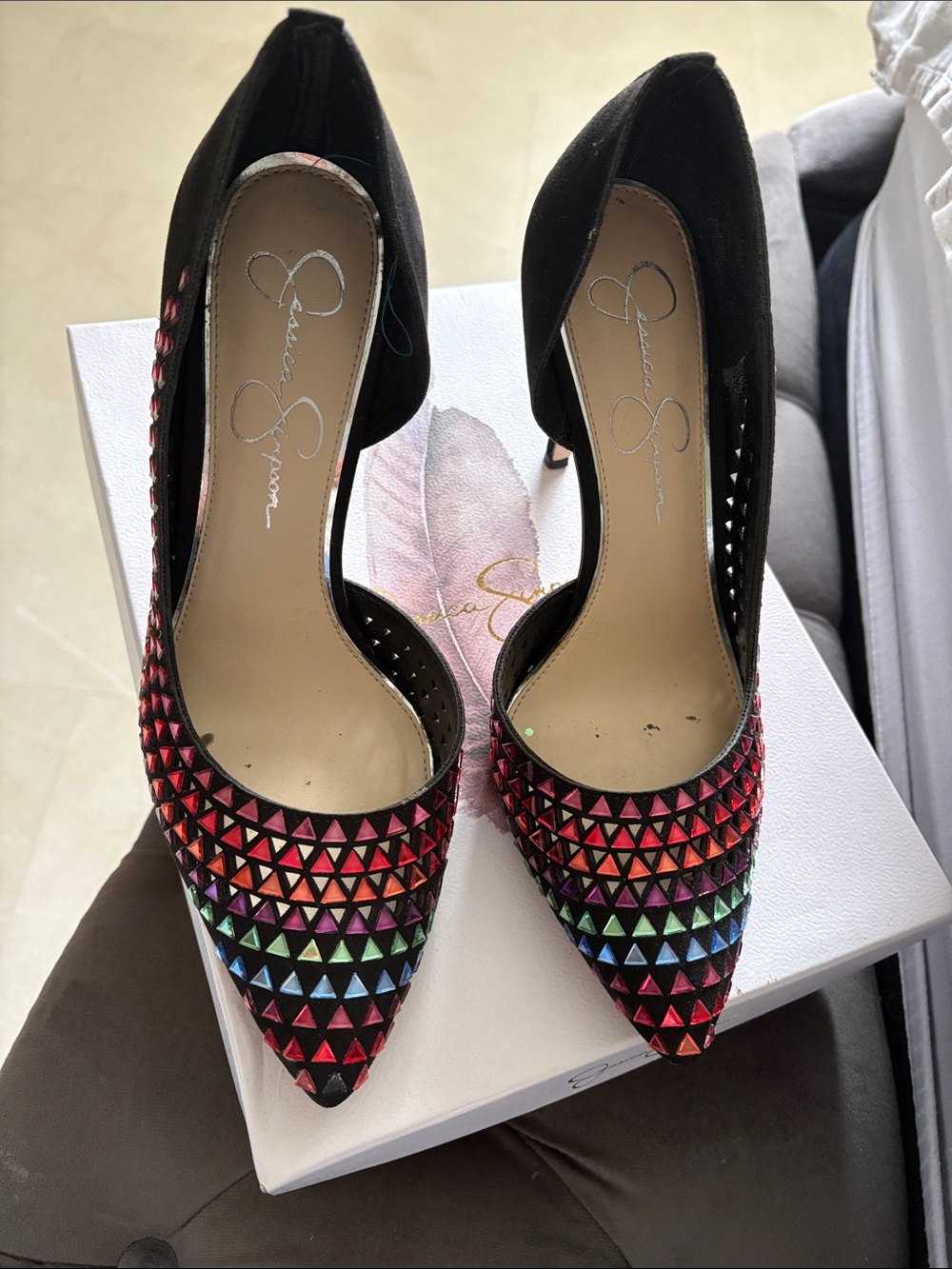Jessica Simpson Black Pointed D'Orsay Pump with Multicolor Studs - Picture 2 of 4